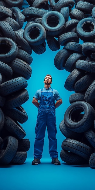 A Man in Blue Overalls Surrounded by Thousands of Tires