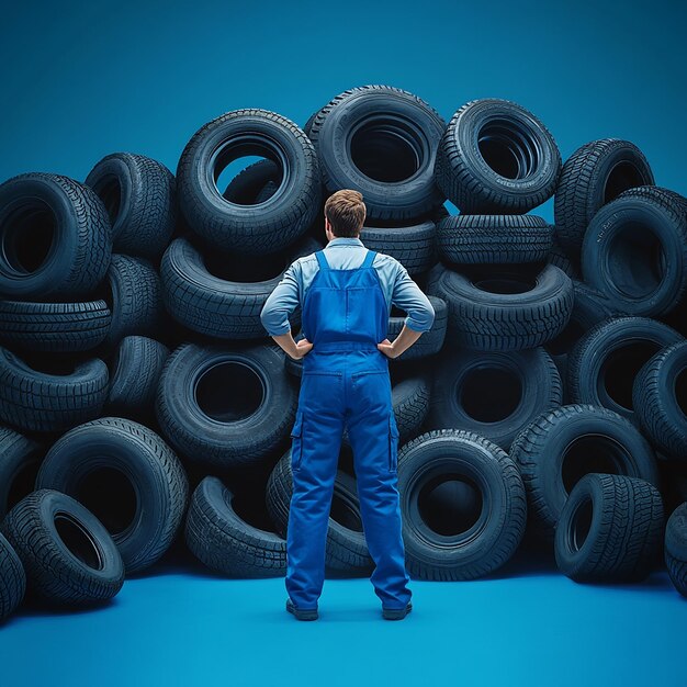 A Man in Blue Overalls Surrounded by Thousands of Tires