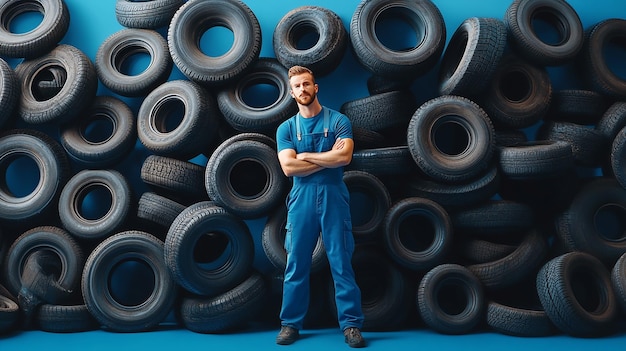 A Man in Blue Overalls Surrounded by Thousands of Tires