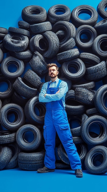 A Man in Blue Overalls Surrounded by Thousands of Tires