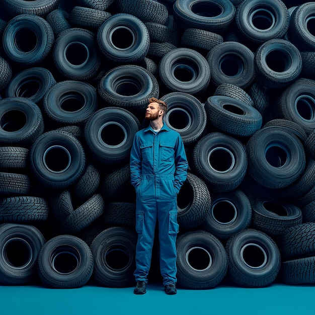 A Man in Blue Overalls Surrounded by Thousands of Tires