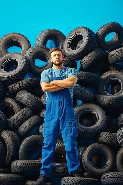 A Man in Blue Overalls Surrounded by Thousands of Tires