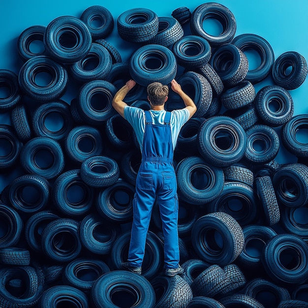 Photo a man in blue overalls surrounded by thousands of tires