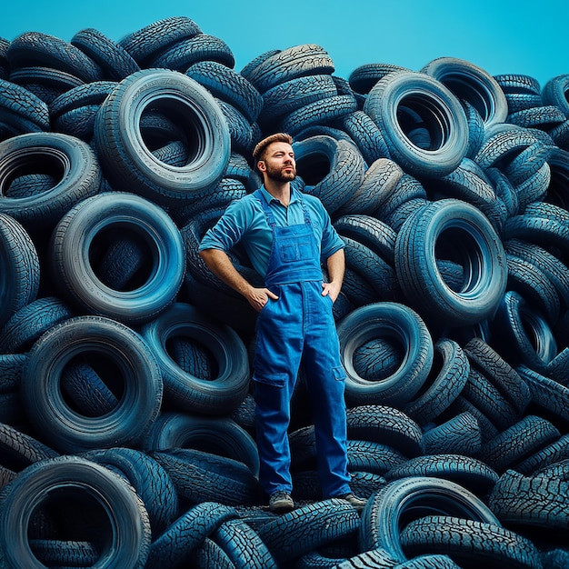 A Man in Blue Overalls Surrounded by Thousands of Tires