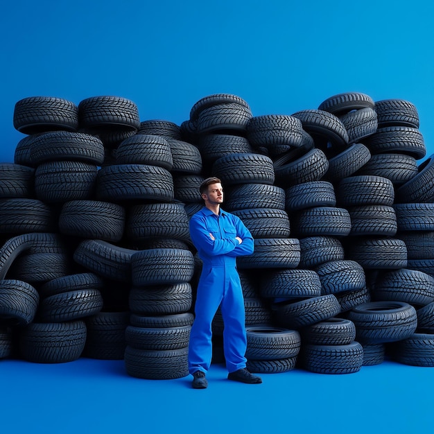 Photo a man in blue overalls surrounded by thousands of tires