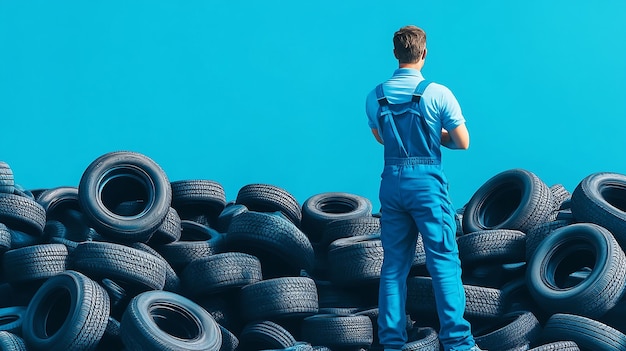 A Man in Blue Overalls Surrounded by Thousands of Tires