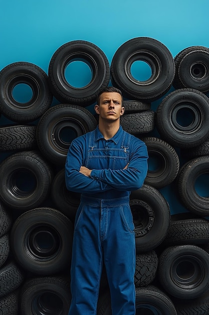 A Man in Blue Overalls Surrounded by Thousands of Tires