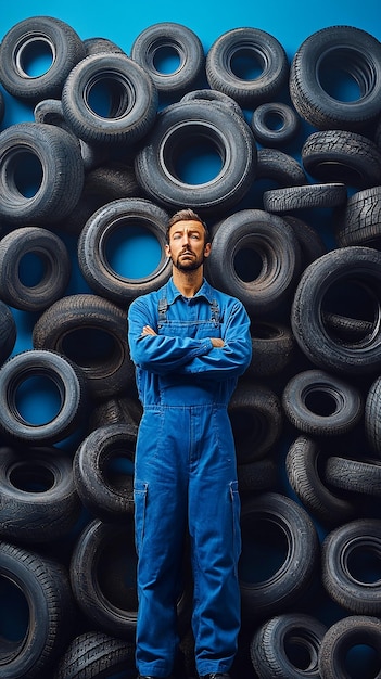 A Man in Blue Overalls Surrounded by Thousands of Tires