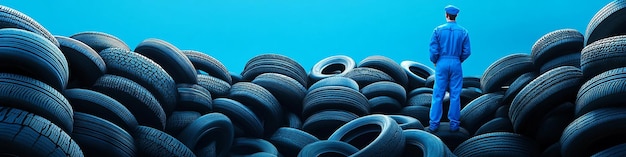 Photo a man in blue overalls surrounded by thousands of tires