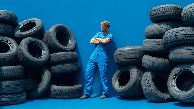 Photo a man in blue overalls surrounded by thousands of tires