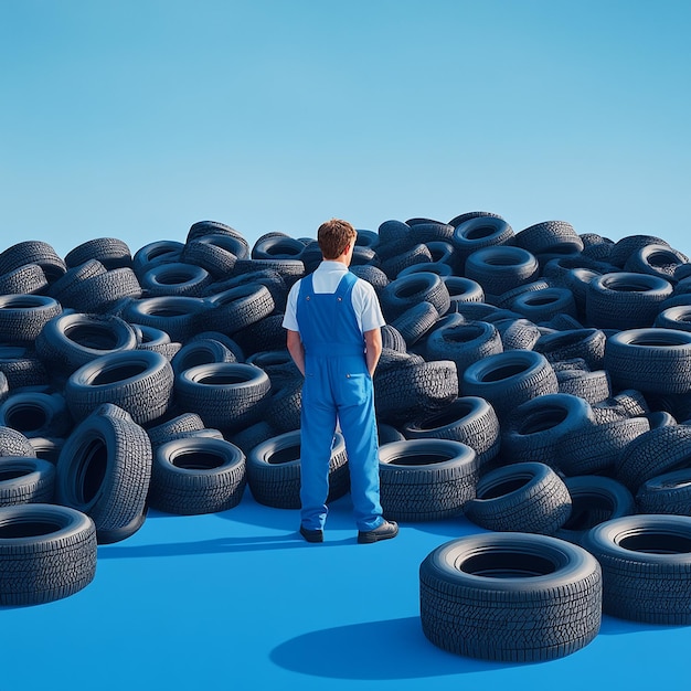 Photo a man in blue overalls surrounded by thousands of tires