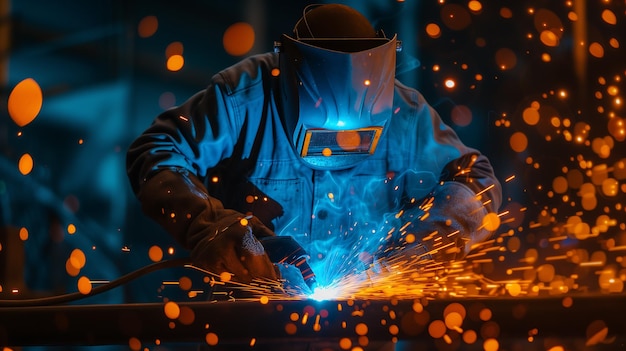 a man in a blue protective suit is working on a metal tool with sparks in the background