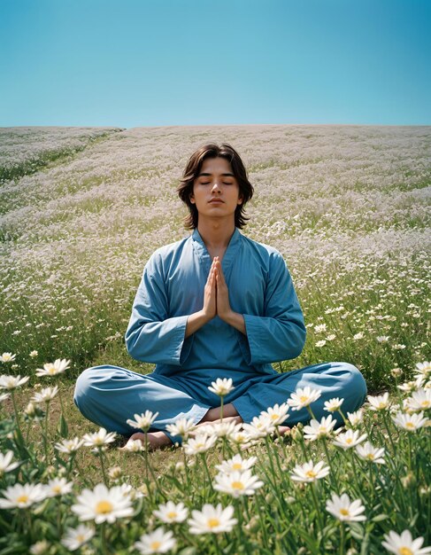 a man in a blue robe is doing yoga in a field of daisies