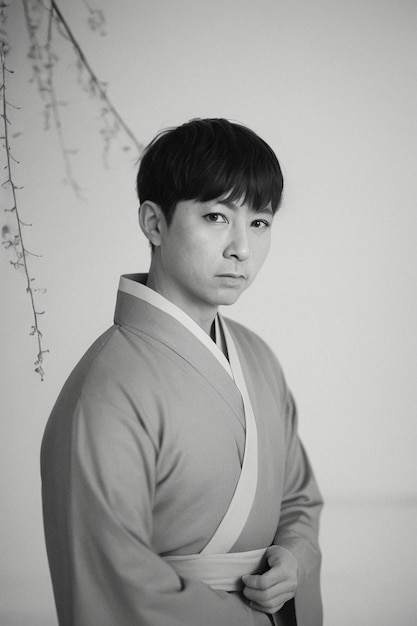 A man in a blue robe stands in front of a tree with flowers.