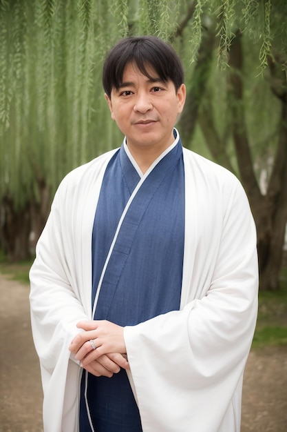 A man in a blue robe stands in front of a tree with a green background.