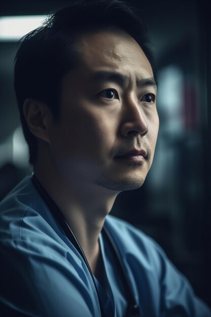 A man in a blue scrubs looks out of a window.