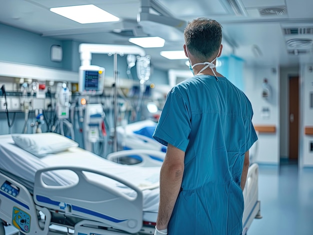 a man in a blue scrubs stands in a hospital room