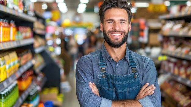 Photo a man in a blue shirt and apron stands in a grocery store with his arms crossed