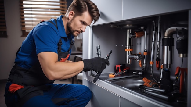 A man in a blue shirt and black apron is fixing a sink