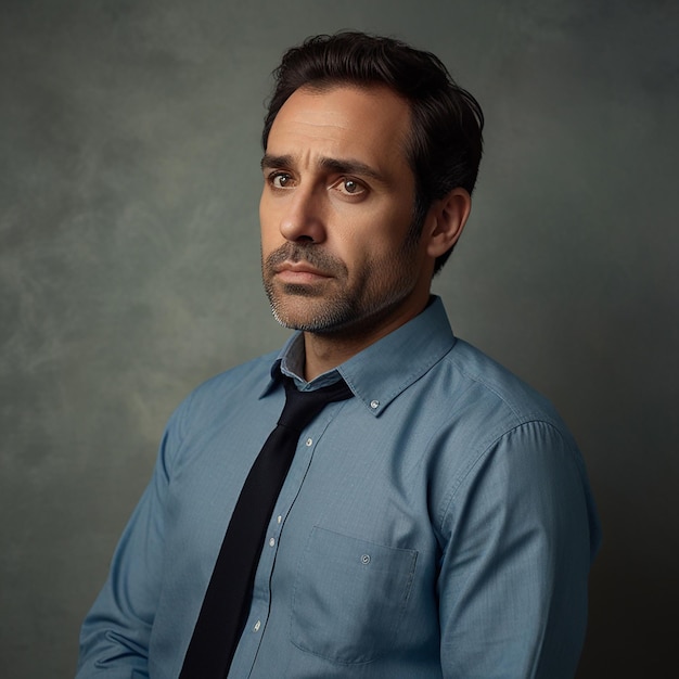 a man in a blue shirt and a black tie stands in front of a grey background