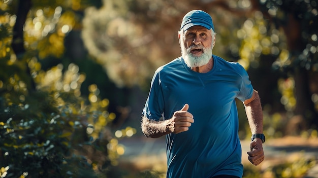 Man in blue shirt and cap running in park