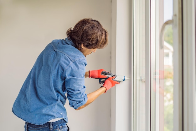 Man in a blue shirt does window installation