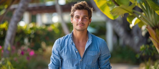 Man in Blue Shirt in Garden