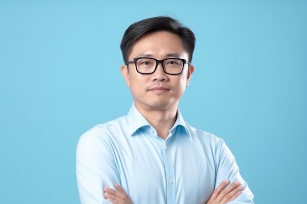 A man in a blue shirt and glasses stands with his arms crossed in front of a blue background