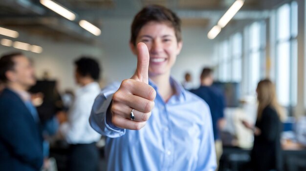 a man in a blue shirt is giving a thumbs up sign with other people in the background