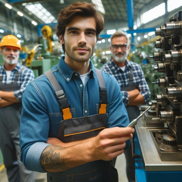 a man in a blue shirt is holding a knife in front of a machine that says quot the company quot