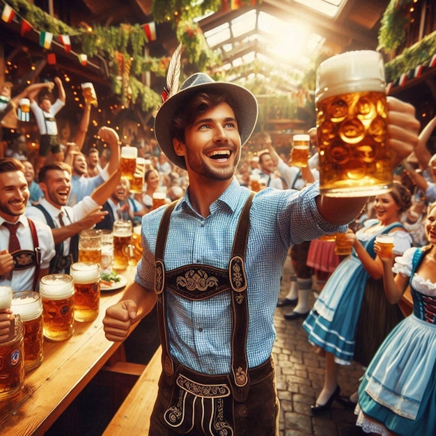 Photo a man in a blue shirt is holding a mug of beer