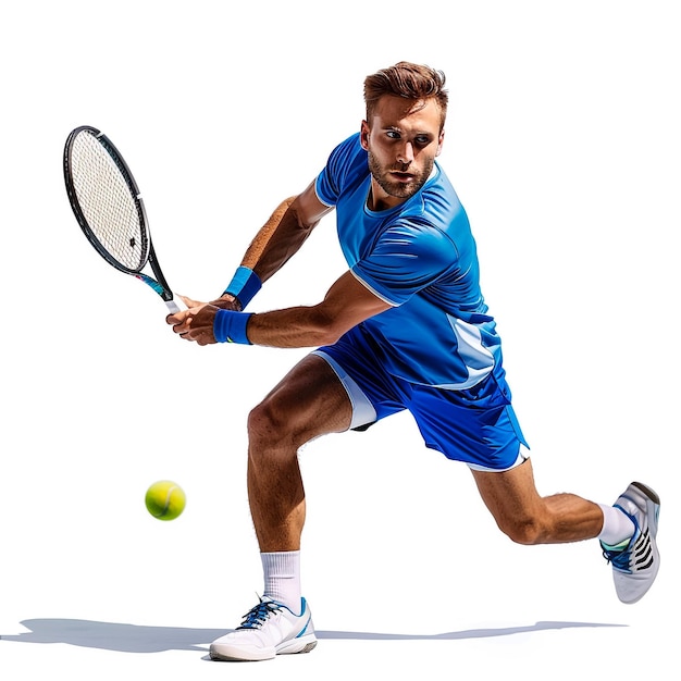 a man in a blue shirt is playing tennis with a racquet