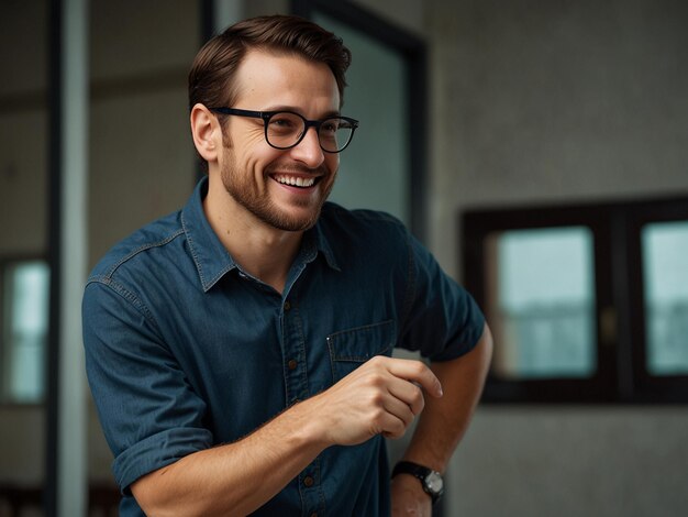 a man in a blue shirt is smiling and wearing glasses