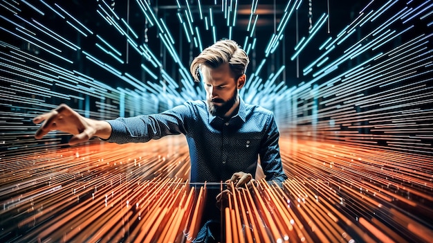 a man in a blue shirt is standing in front of a large glowing image of a man in a blue shirt