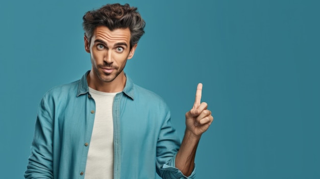 A man in a blue shirt points his finger at the top of his shirt.