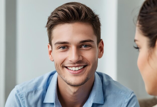 Man in blue shirt smiling during a casual chat at the office interaction appears friendly and