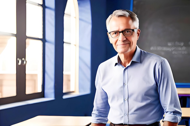 A man in a blue shirt stands in front of a blackboard that says'the word'on it '