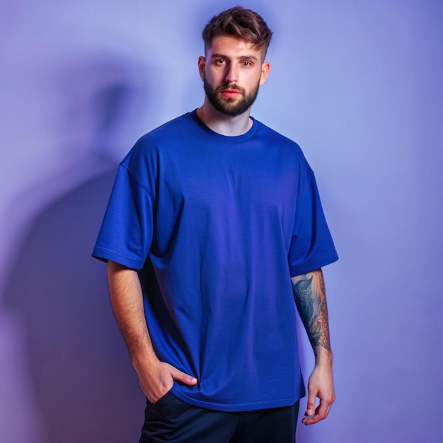 Photo a man in a blue shirt stands in front of a purple wall