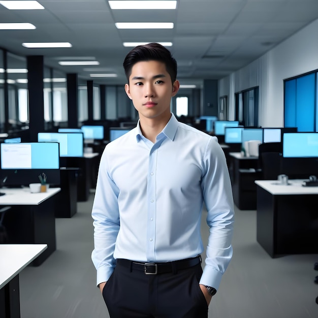 a man in a blue shirt stands in front of a row of monitors