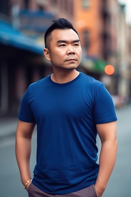 A man in a blue shirt stands in the street and looks into the camera.