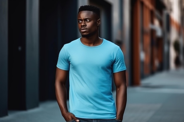 A man in a blue shirt stands on a street