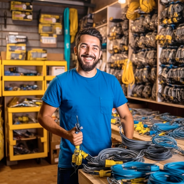 A man in a blue shirt stands in a warehouse with a bunch of wires on the table.