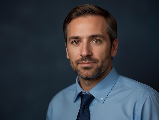 Photo man in a blue shirt and tie looking at the camera with a blue background