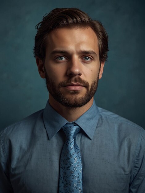 Photo man in a blue shirt and tie looking at the camera with a blue background