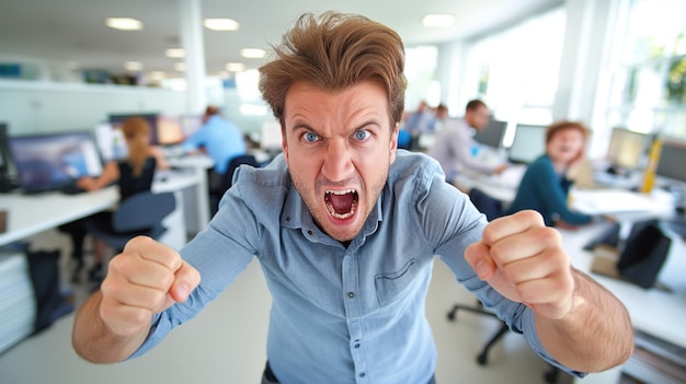 Photo a man in a blue shirt with messy hair is yelling with his fists clenched other office workers are blurred in the background