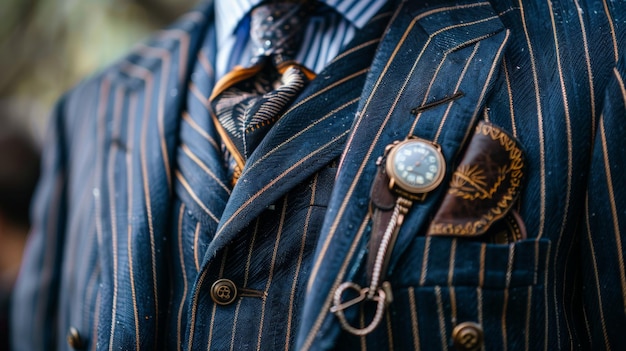 A man in a blue striped suit with a pocket watch and a tie