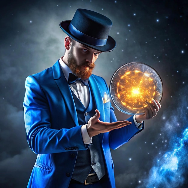 a man in a blue suit holds a globe in his hands