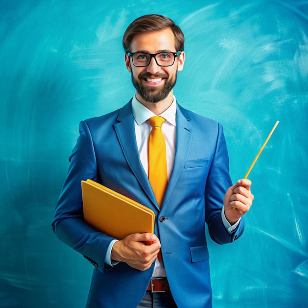 a man in a blue suit holds a pencil and a pencil