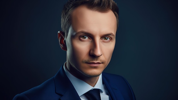 A man in a blue suit is posing for a photo.