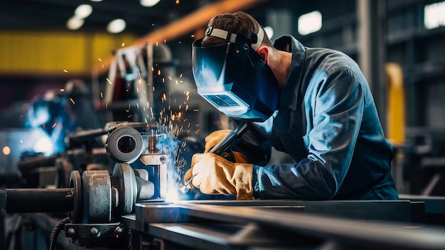 a man in a blue suit is working on a machine with a lens flare